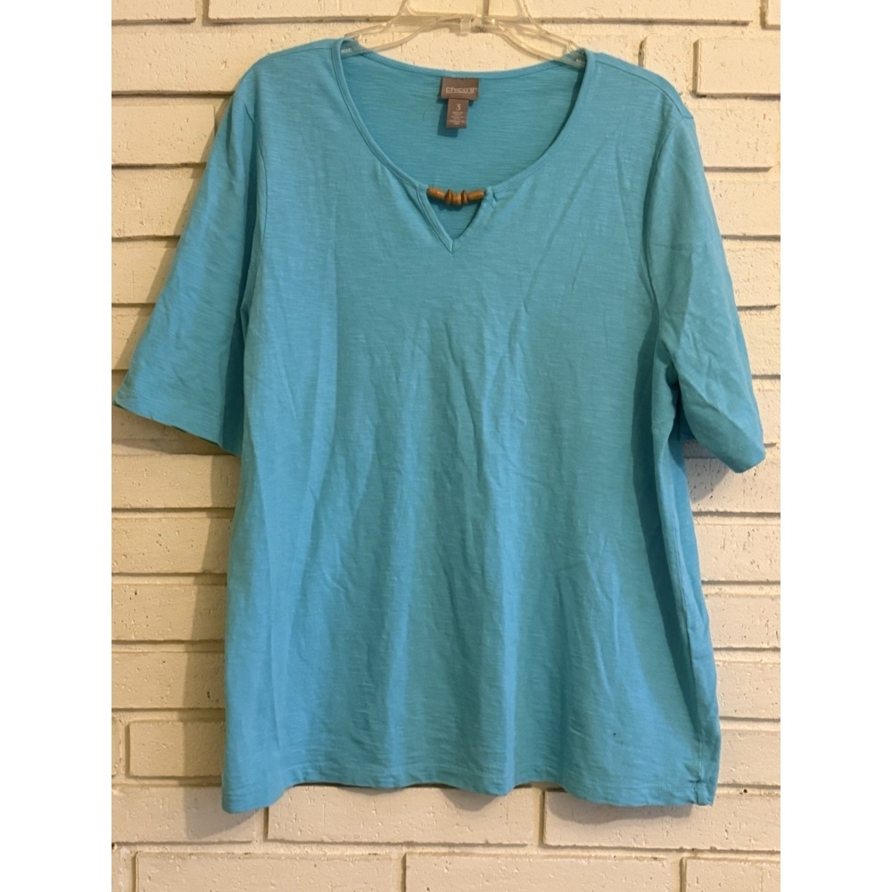 Chicos 3 Womens Cotton Shirt Aqua Short Sleeve Wood Bead Accent Size US XL